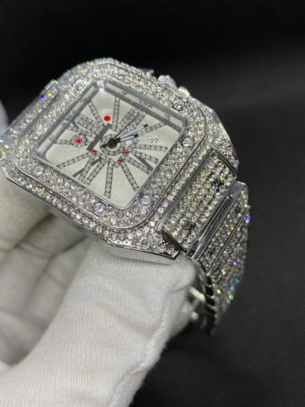 Square Special Red Dial Date Iced Out Diamond Watch, Luxury Hip Hop Watch Unisex